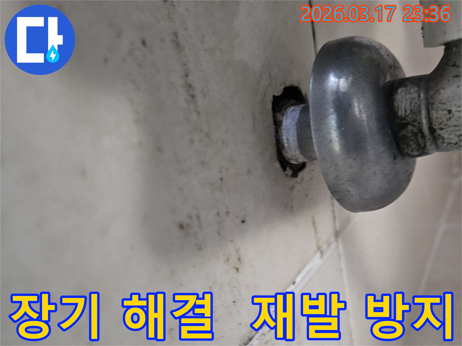 천장-배관에서-발생한-누수로-인해-오염된-벽면과-장기적인-문제-해결을-위해-재발-없는-완벽-시공을-해야-하는-모습