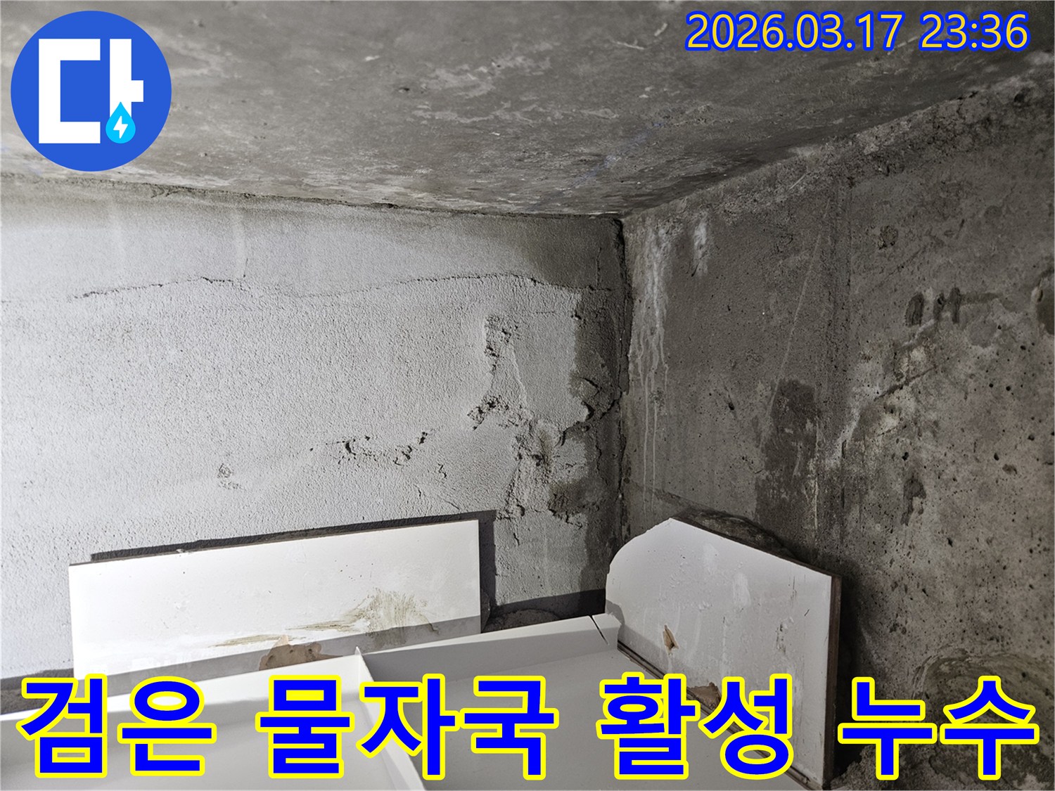 콘크리트 벽면에 선명하게 남은 검고 젖은 물자국-활성 누수가 진행되고 있음을 명확히 보여줍니다.