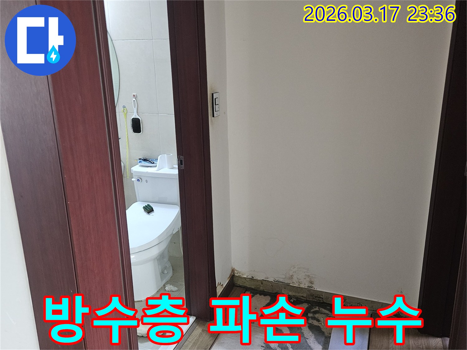 화장실 입구 바닥 마루의-누수 피해를 통해-방수층 파손 가능성을 보여주는 이미지입니다