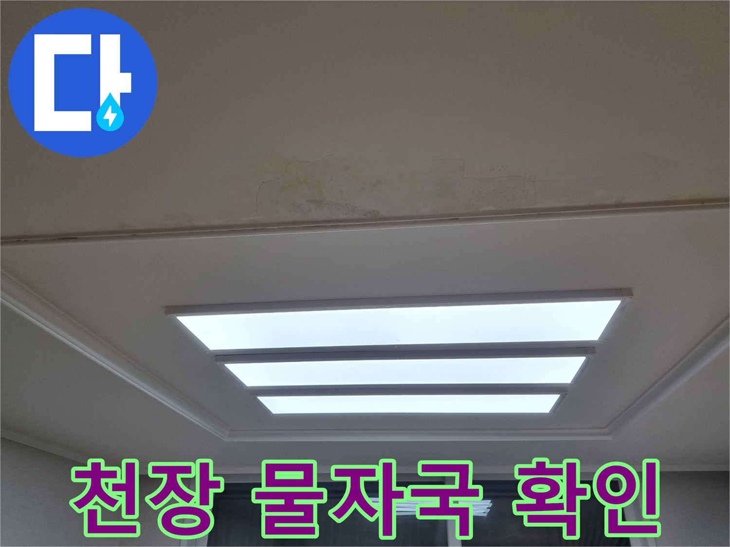 거실 천장 조명 주변의 누수 흔적과 변색 부위