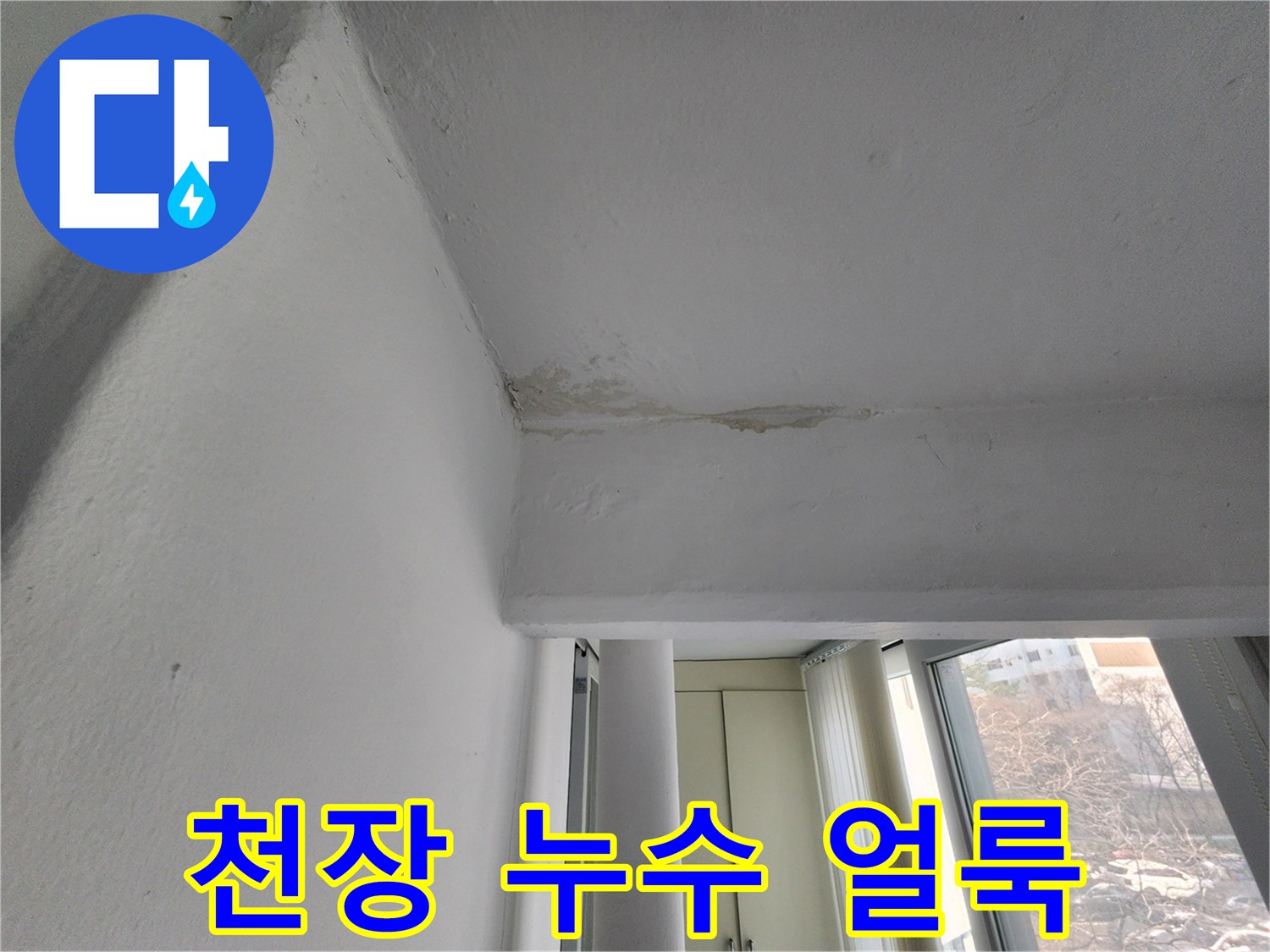 천장 구석의 물샘 흔적과 오염된 벽면