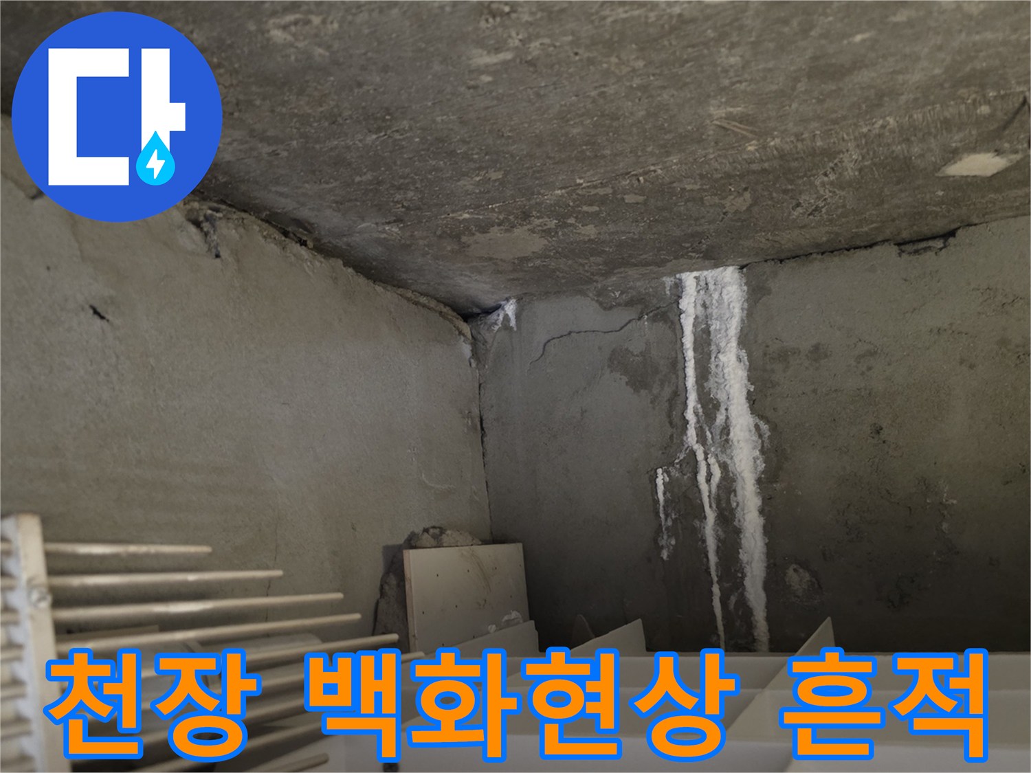 분당 수내동 현장-천장 벽면에 발생한 하얀 백화현상과 누수 흔적