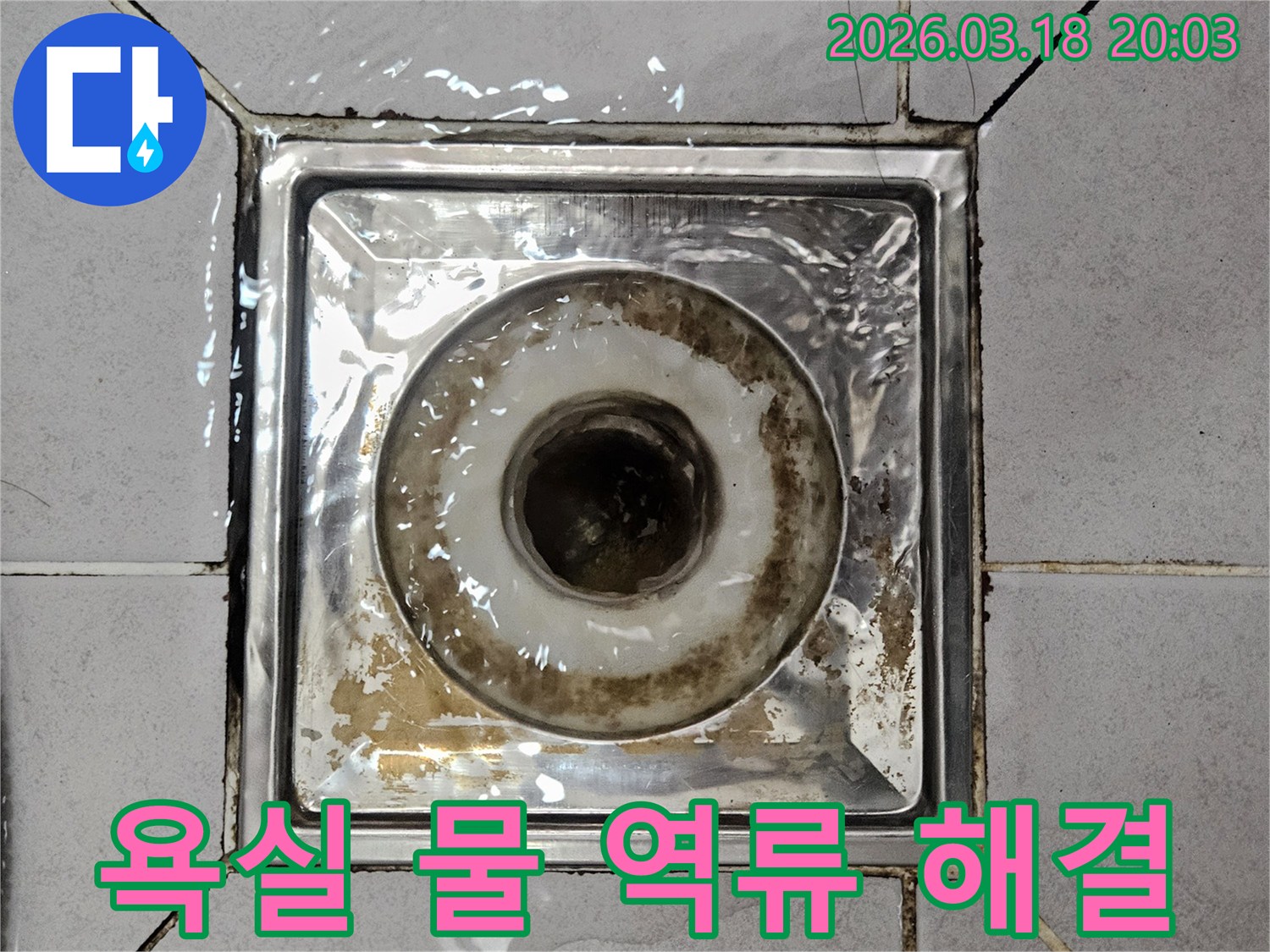 욕실 배수구에서 물이 역류하여-바닥에 고여있는-누수 현장 사진입니다.