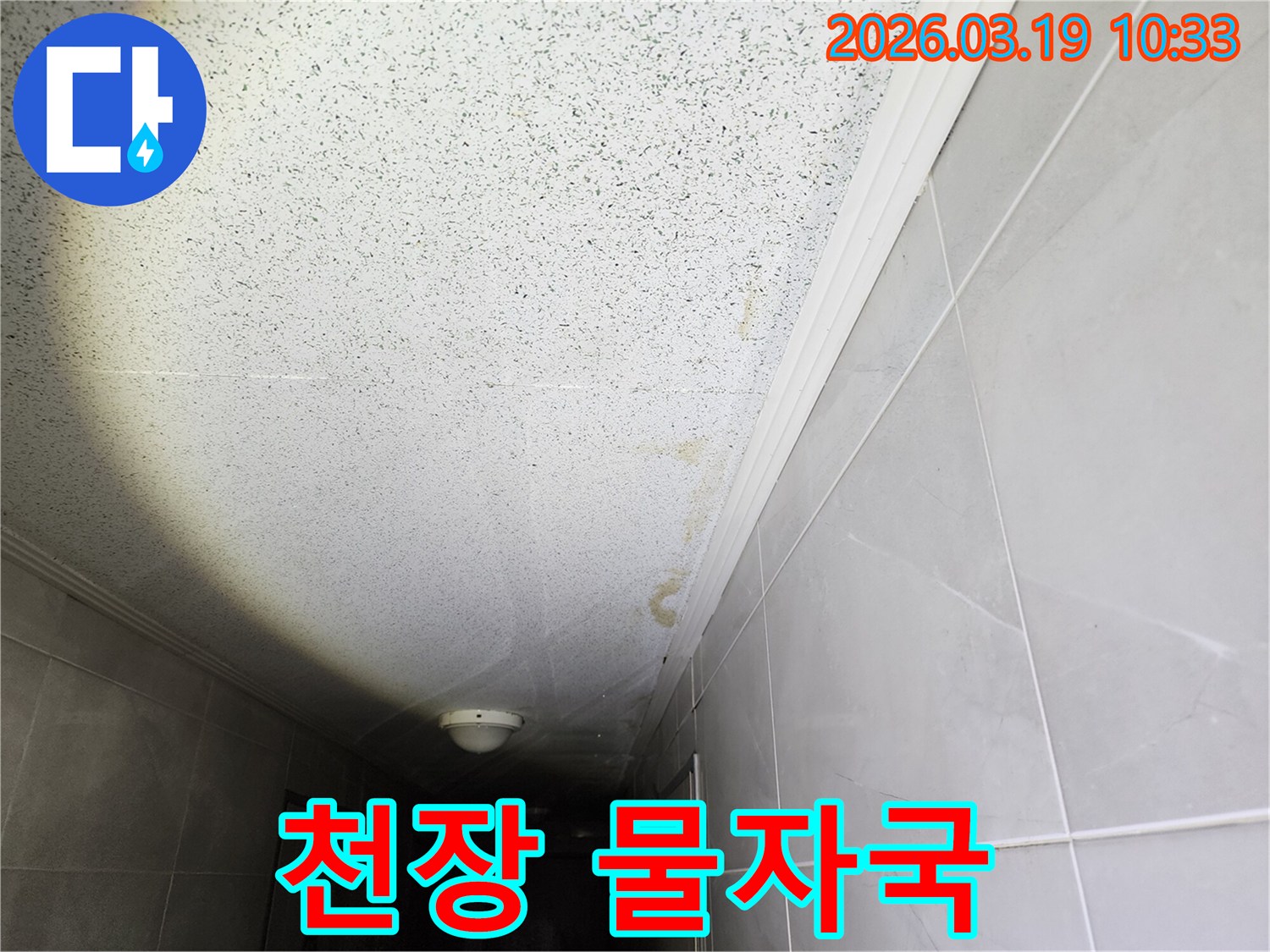 복도 천장에 생긴-누런 물자국은-누수 발생을-명확히 보여주는-증거입니다