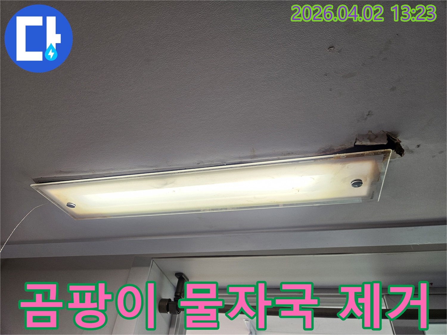 주택 천장 형광등 주변에 생긴 곰팡이와 물자국을 제거하고 방수 처리가 필요한 누수 현장 이미지