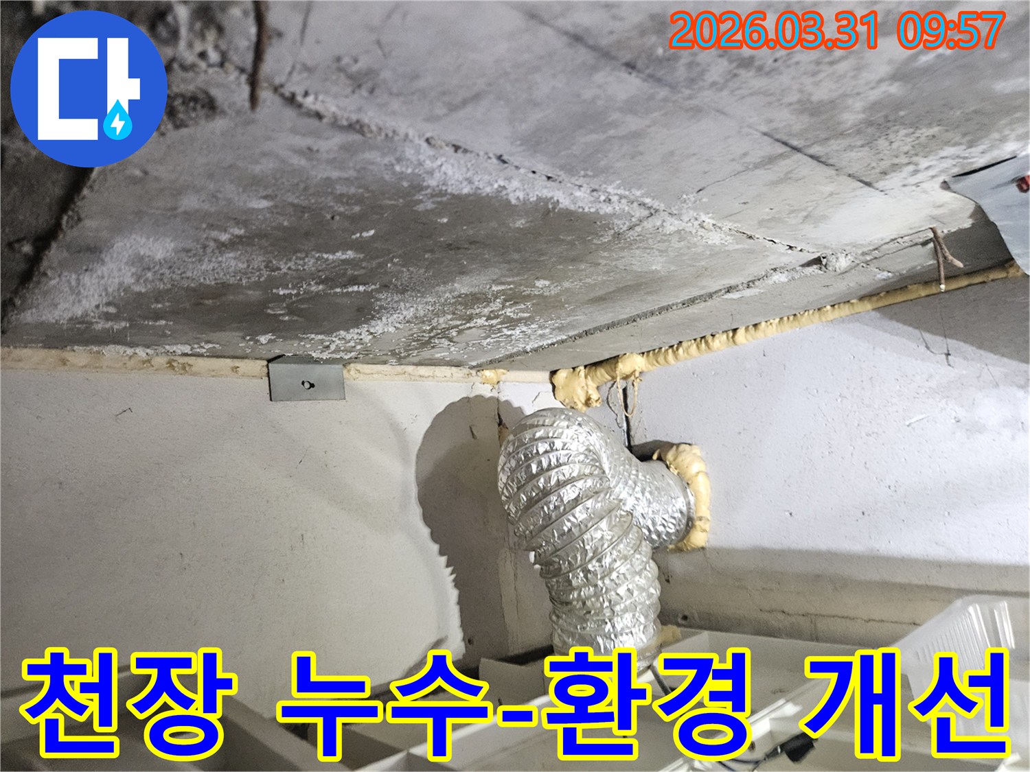 이 이미지는 인천 부평구 일신동 상가 건물 천장의 누수 현장에서-누수 문제를 해결하여-쾌적하고 안전한 환경을 조성하기 위한-진단 과정을 보여줍니다.