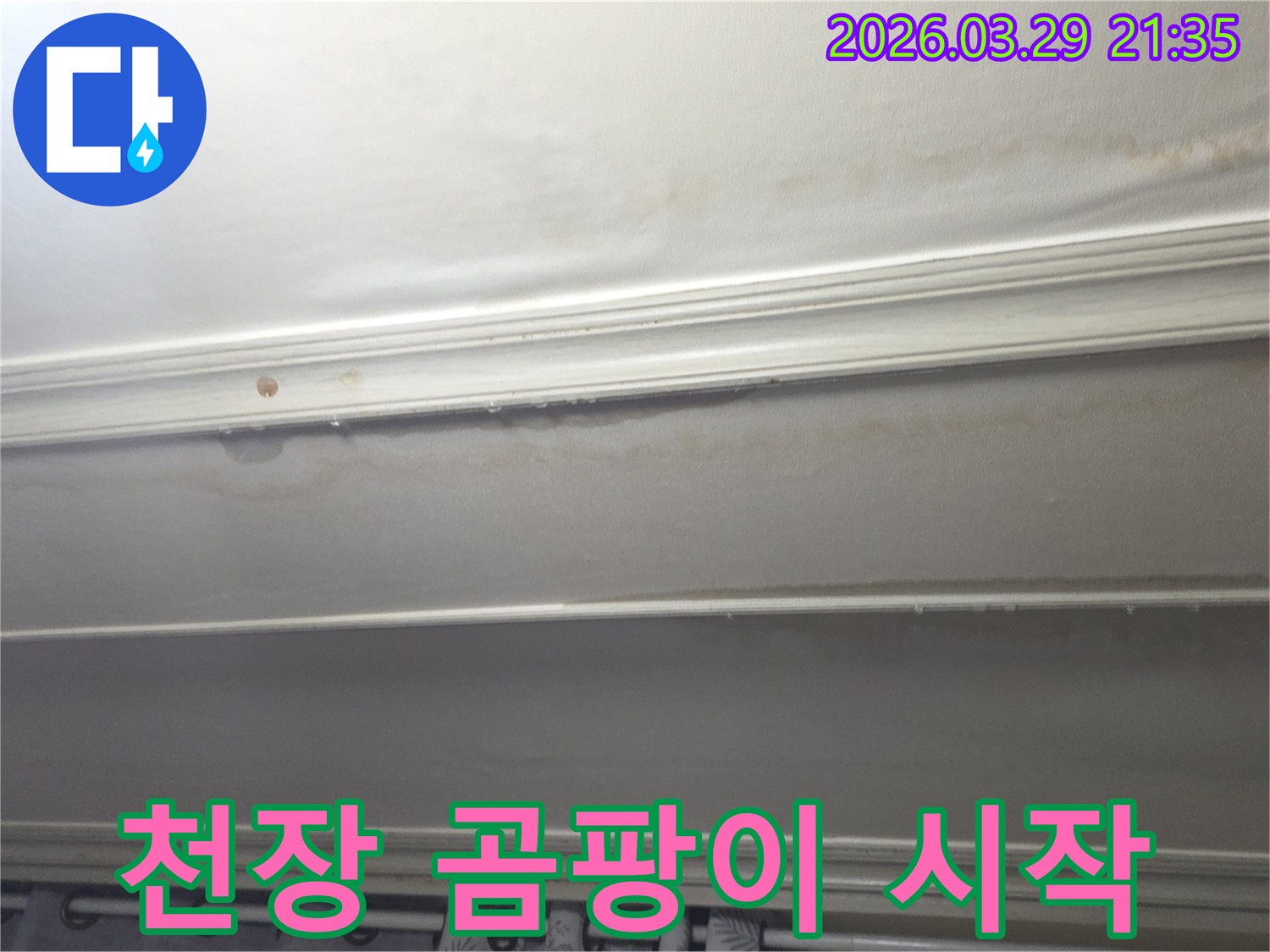 오랜-기간-진행된-듯한-천장-누수-흔적과-물방울-맺힘