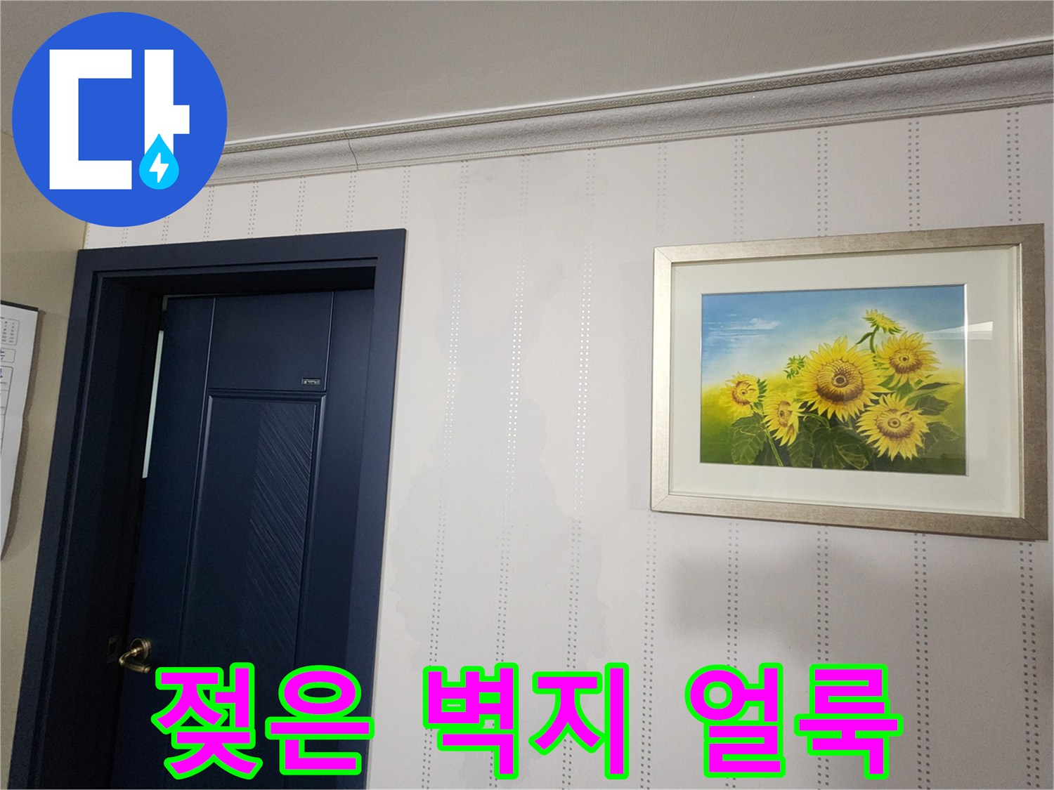 문 옆쪽 벽면에 나타난 누수 피해 흔적과 습기