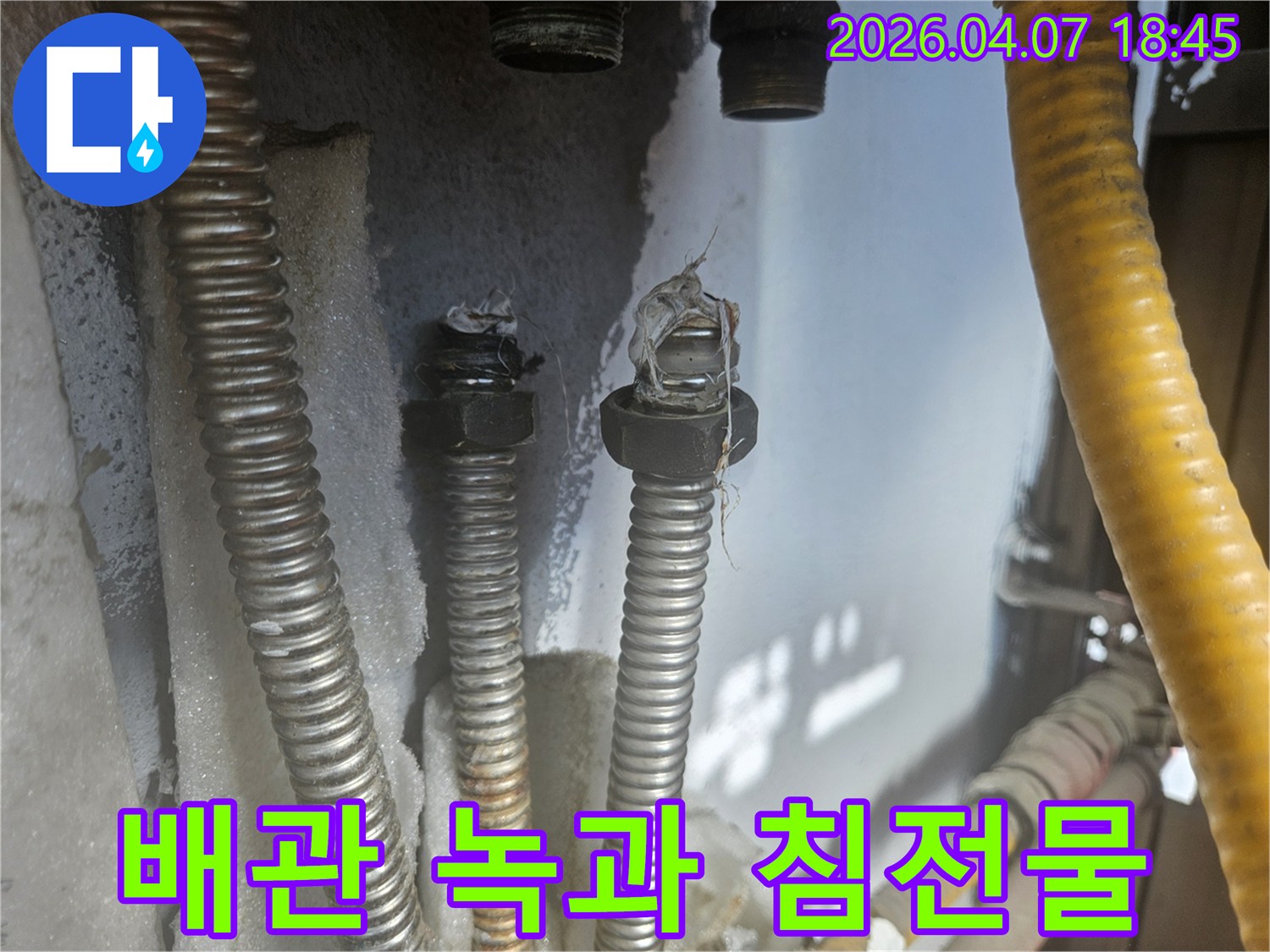 노원구 상계동의 배관 연결부에서-발견된 녹과 하얀 침전물은 누수의 명확한 증거입니다