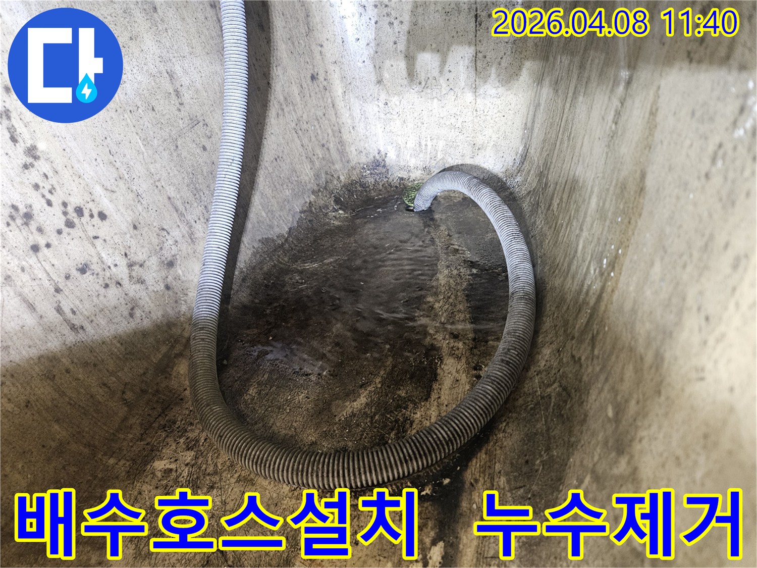 누수-현장에서-고인-물을-제거하기-위해-설치된-배수-호스