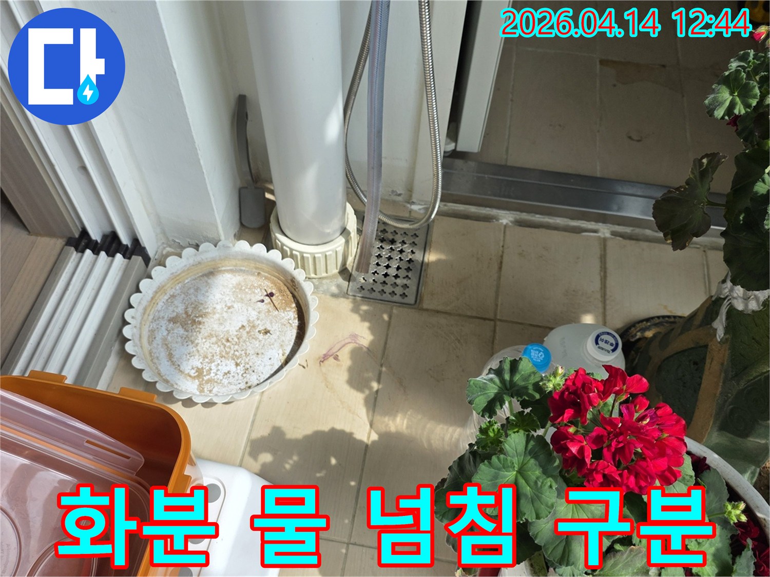 이 이미지는-풍무동 아파트 베란다의-화분 주변에서-발견된 물기를 통해-누수 여부를-판단하는 데 사용됩니다