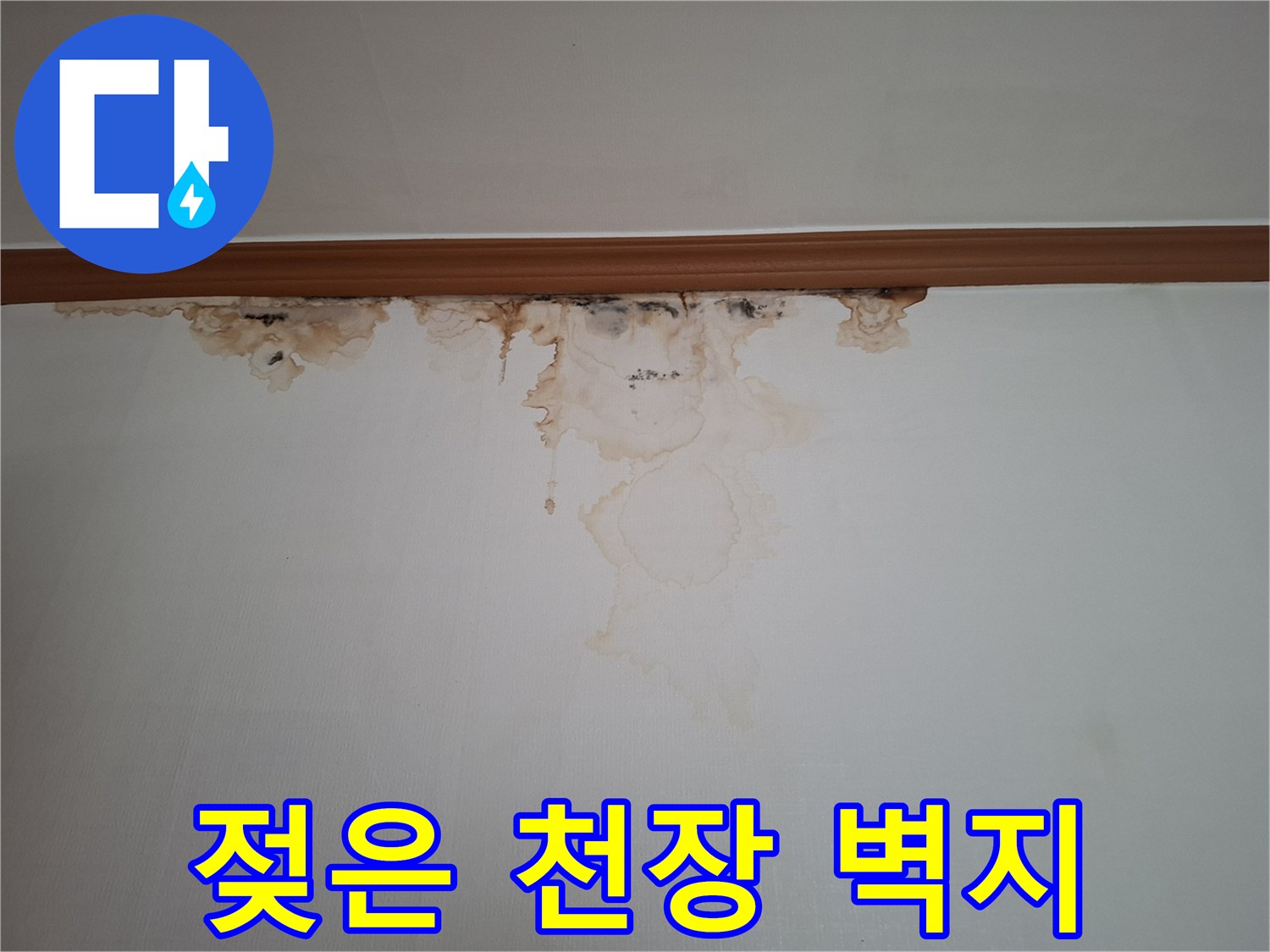 물에-젖어-변색된-천장-벽지-모습