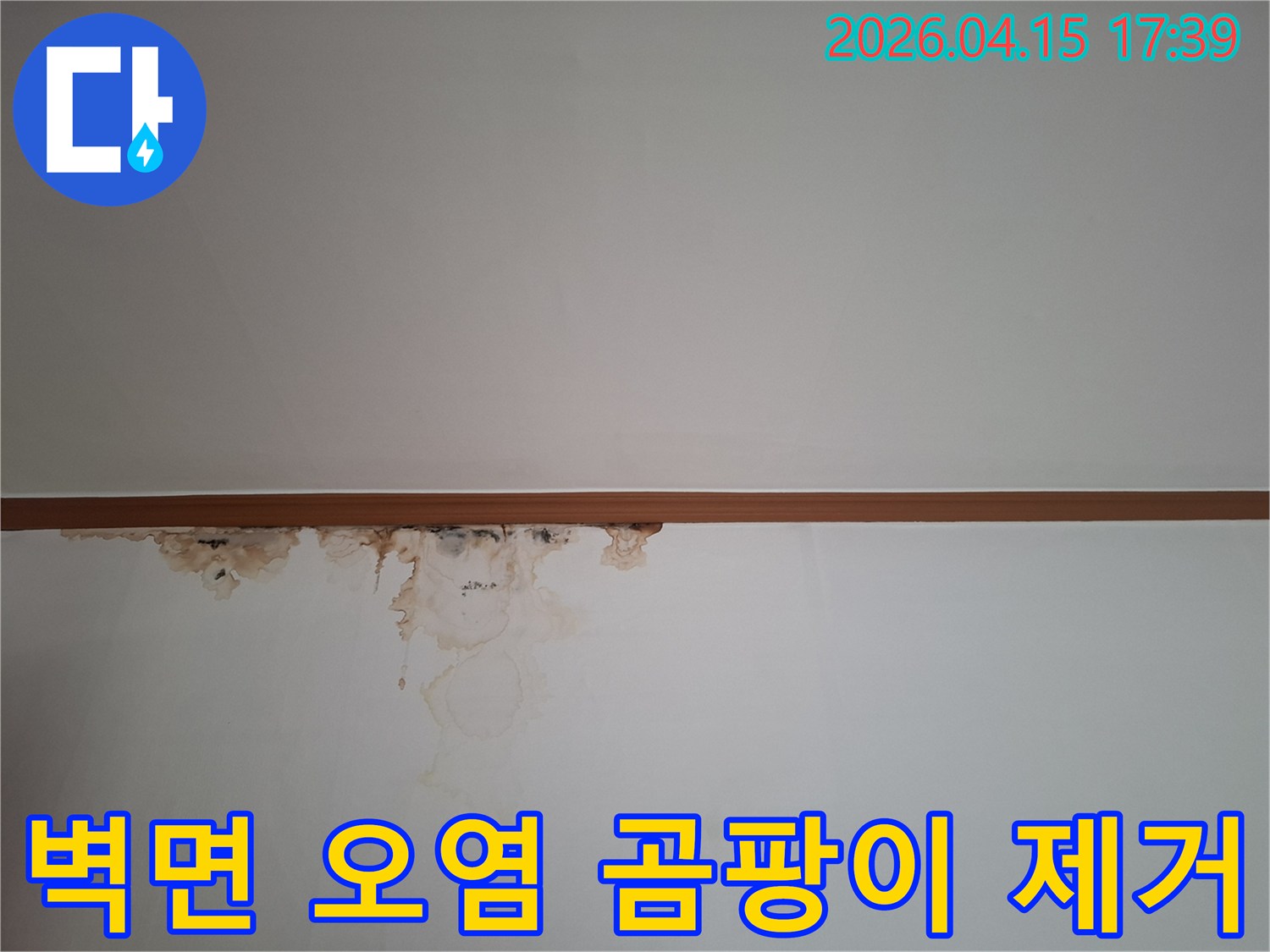 천장과 벽이 만나는 경계선에-누수로-인한-물자국과-곰팡이가-생겨-벽지가-심하게-오염된-모습을-보여주는-사진입니다