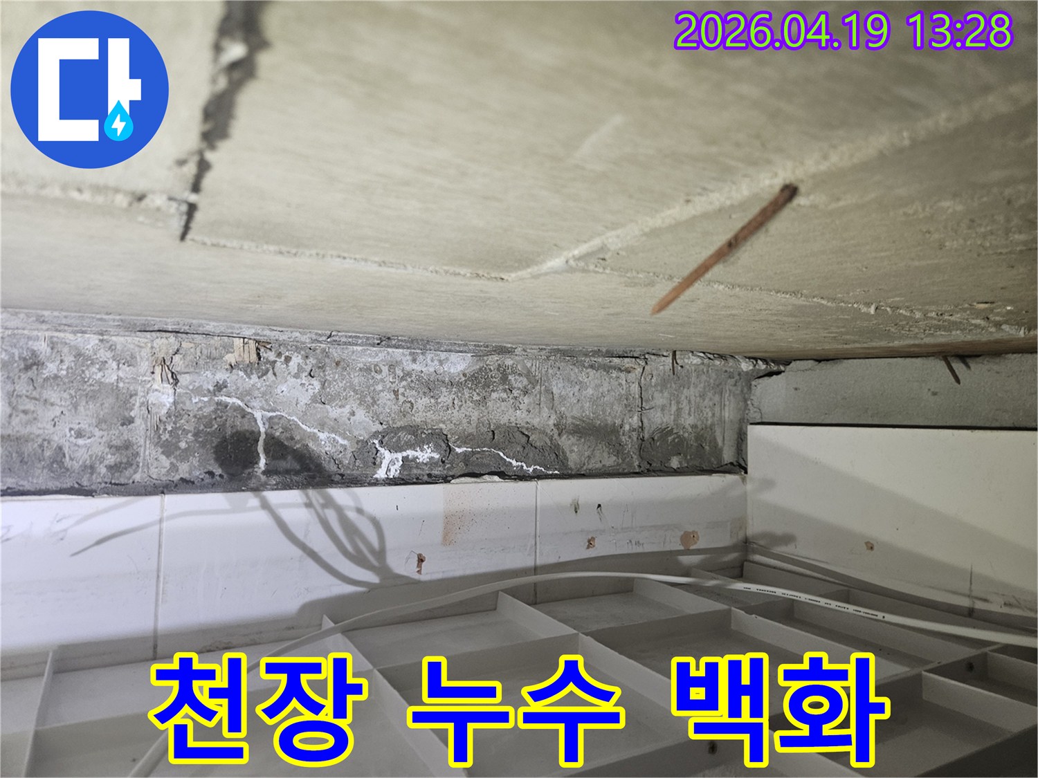 콘크리트 천장-모서리에서-발견된-누수-흔적-백화현상-그리고-균열-모습