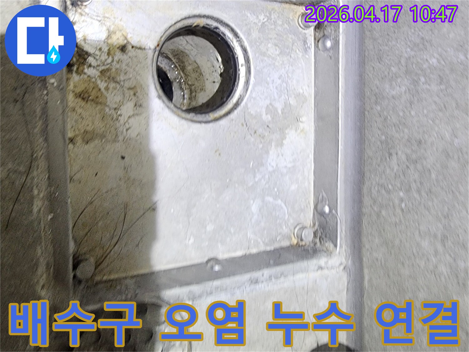 욕실 배수구의 심한 오염 상태를-통해 누수 발생 가능성을-면밀히 분석하고 있는-현장 점검 사진입니다