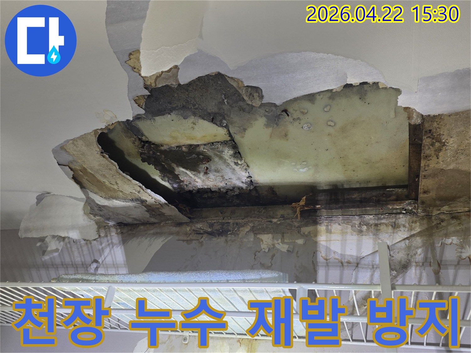 물에 젖어-파손된 천장-마감재와-노출된 내부 구조물