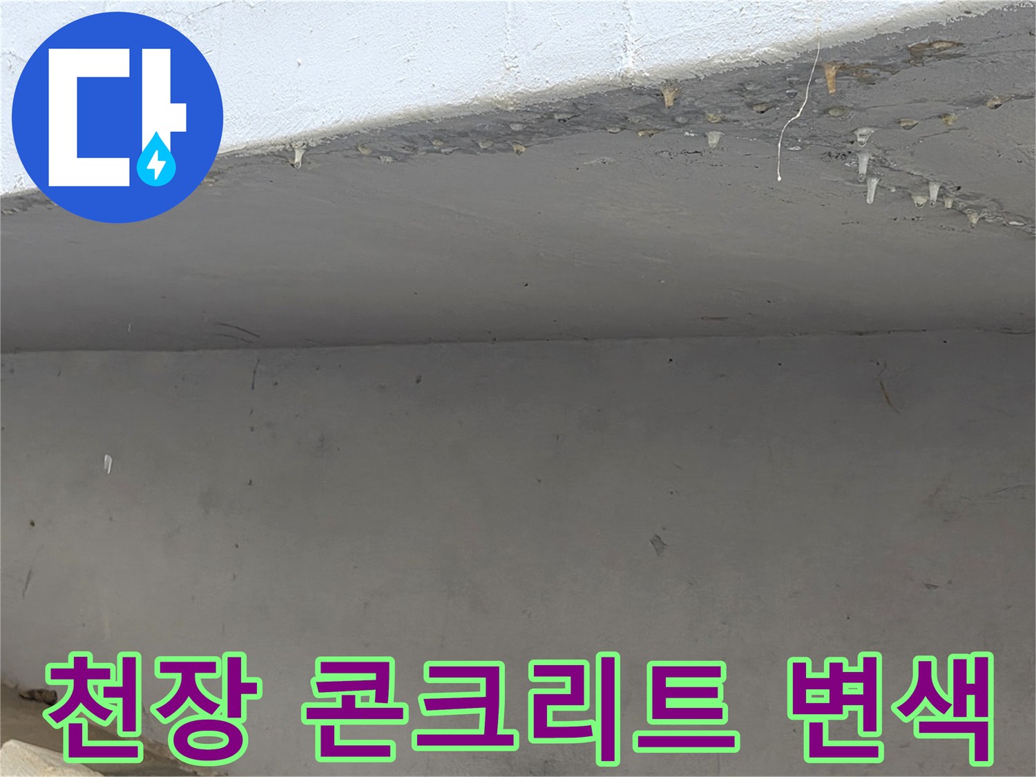 습기 침투로 인해 어둡게 변한 천장 구조물 부위