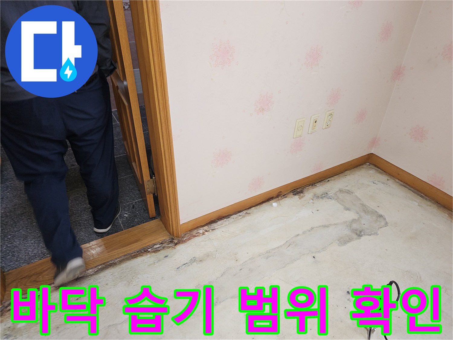 누수로-인해-바닥에-광범위하게-퍼진-습기와-변색된-부분을-자세히-확인하는-모습