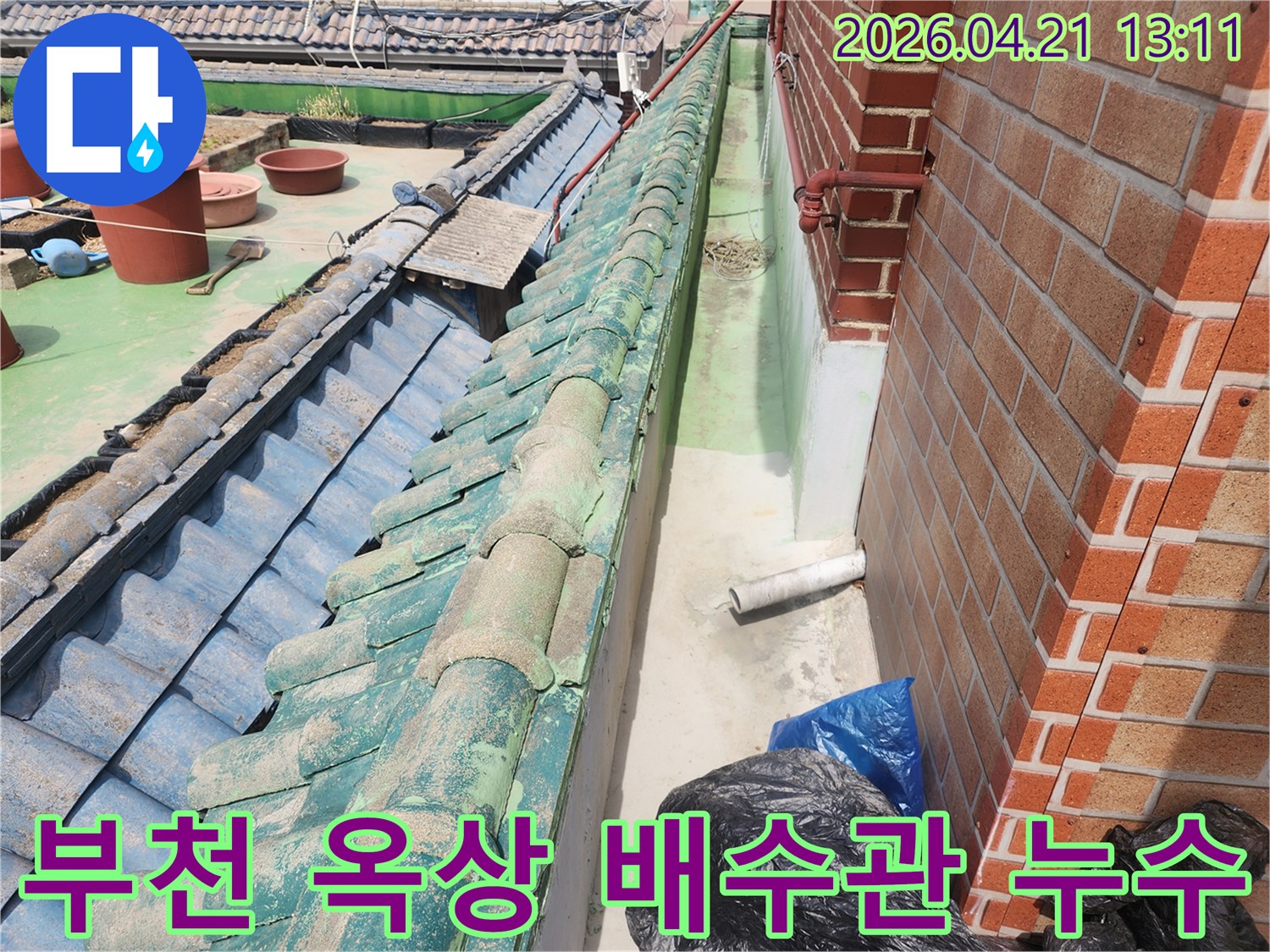 노후된 옥상 배수관과-주변 벽체 사이에서-누수 발생 여부를-점검하는 모습