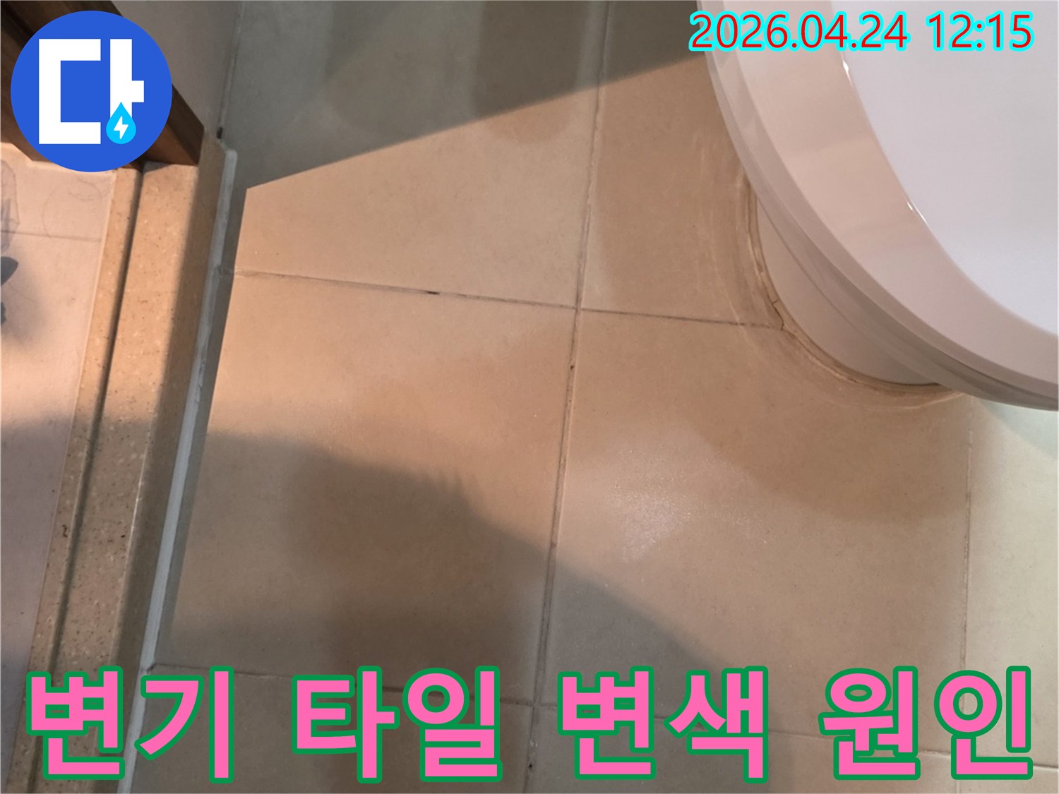 변기 주변 타일의 어두운 변색-지속적인 누수로 인한 물기 침투의 결과