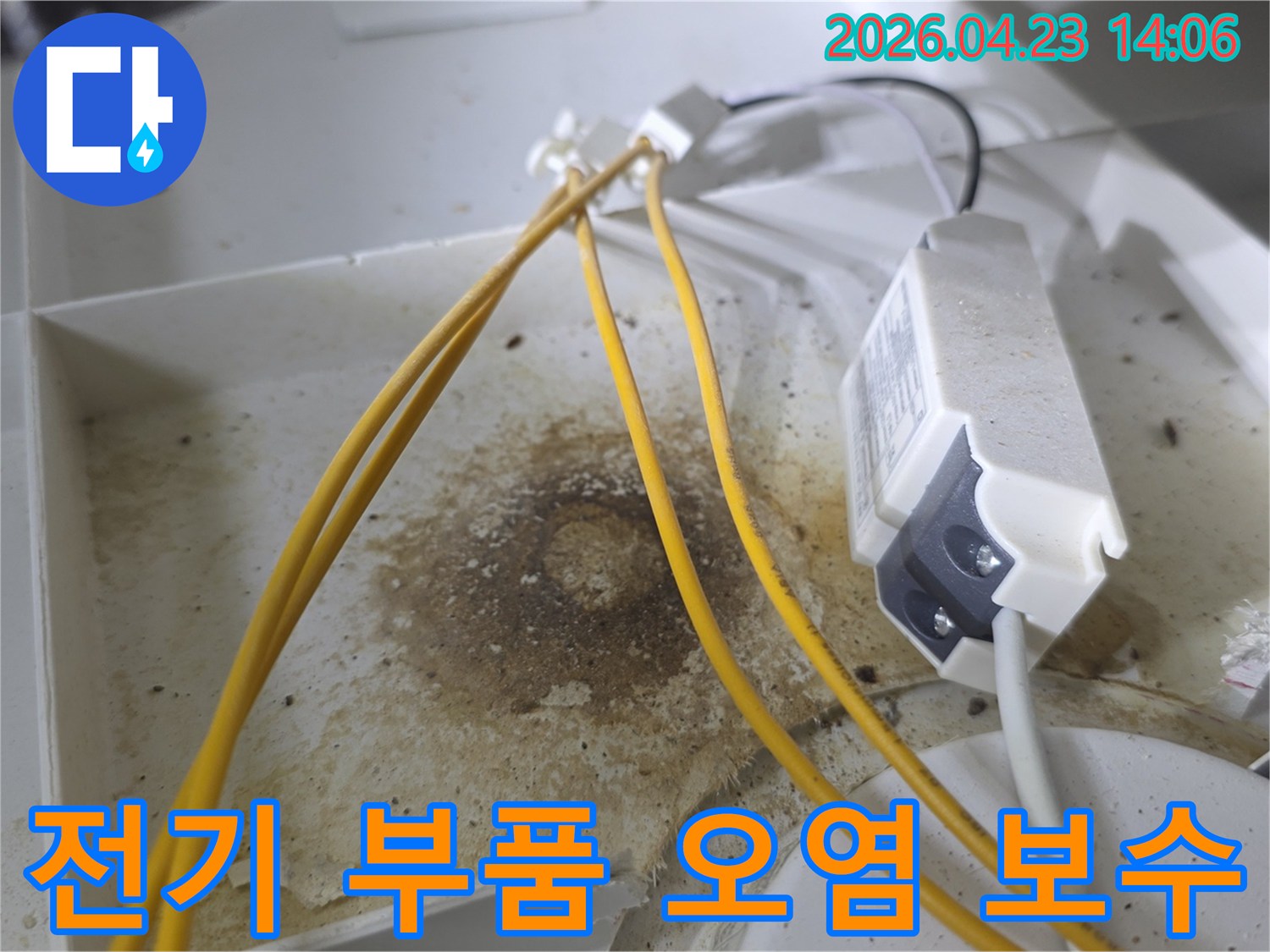 천장 내부 전기 부품 주변에 생긴 오래된 물자국과 곰팡이-누수로 인한 심각한 오염 상태를 보여줍니다-정확한 누수 원인 파악에 필수적인 증거입니다