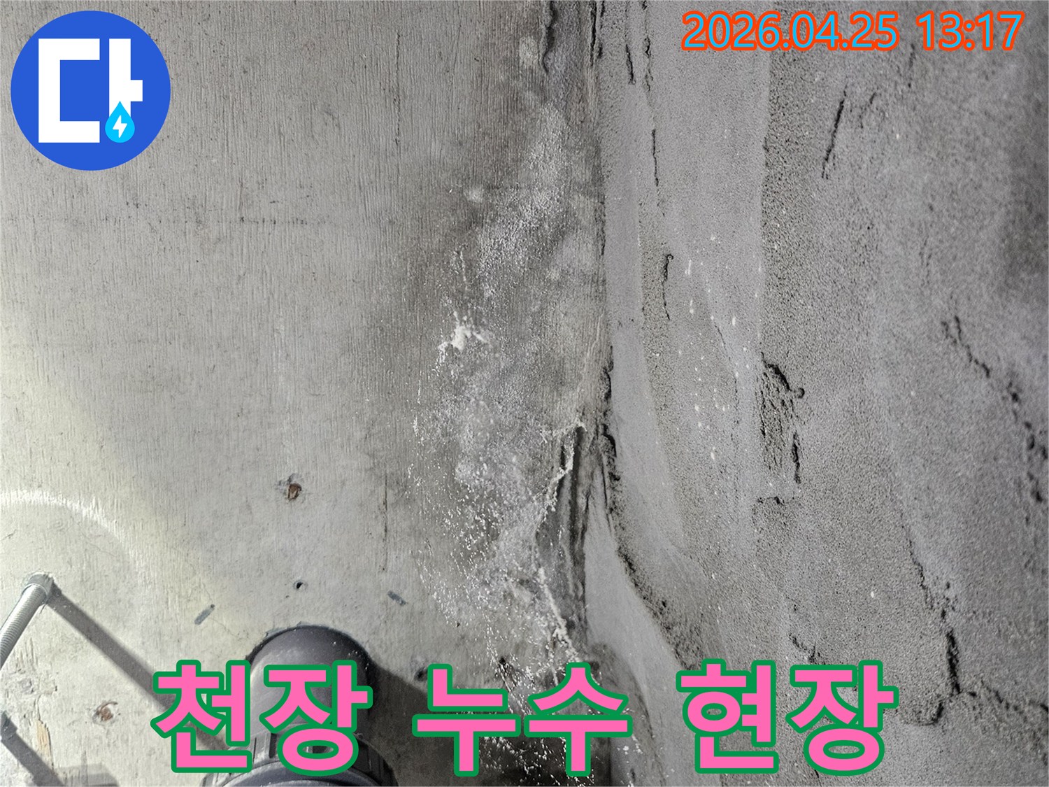 콘크리트-천장에-나타난-물에-젖은-흔적과-하얀-석회질-침전물-그리고-배관-주변의-습한-상태를-보여주는-누수-현장