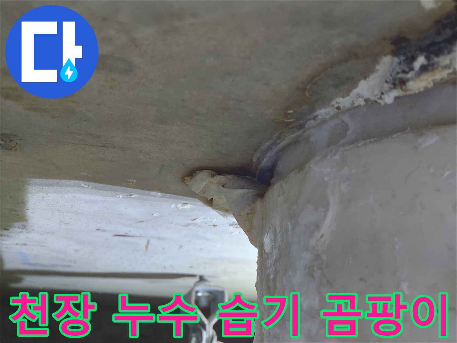 천장 배관에서-물이 새어 나와-습기와 곰팡이 발생 우려가 있는-누수 현장-환경 개선