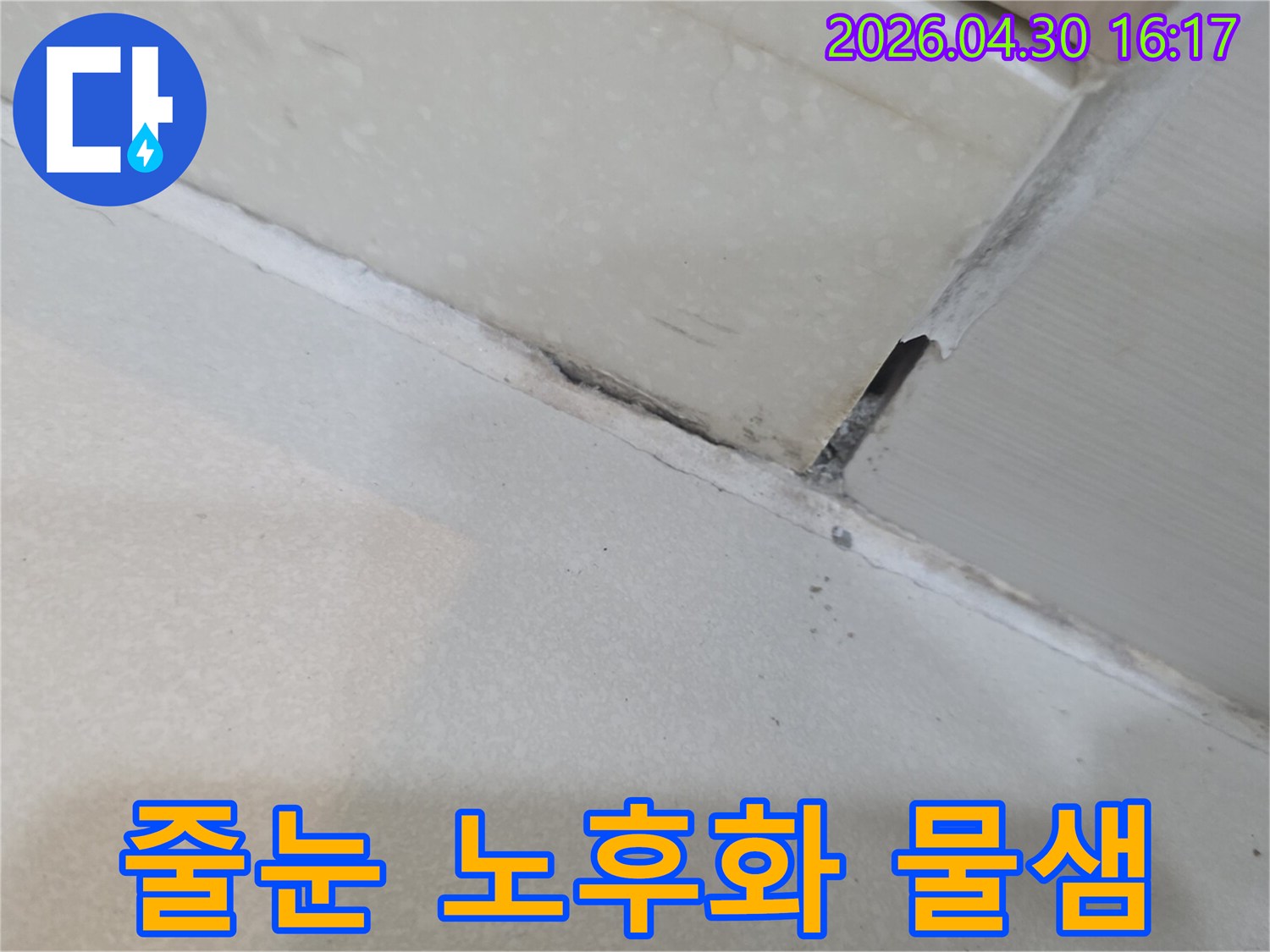 이 이미지는-금호센트럴자이 아파트-욕실에서-타일 줄눈의-노후화로-인한-물샘-현장을-보여줍니다.