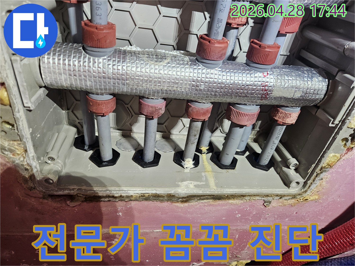 김포 아파트 수도분배기 이중배관 누수 현장에서 전문가가 꼼꼼하게 진단하는 모습