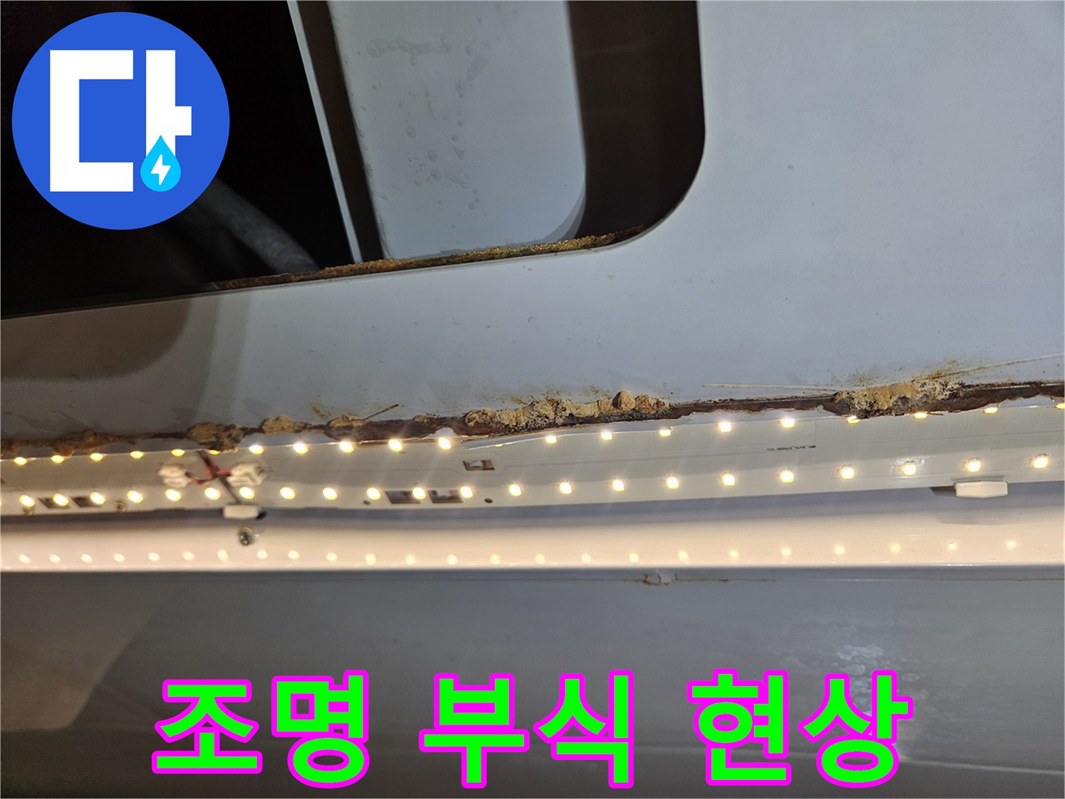 천장 조명 주변의-목재가 누수로 인해-부식된 현상을-보여주는 사진입니다