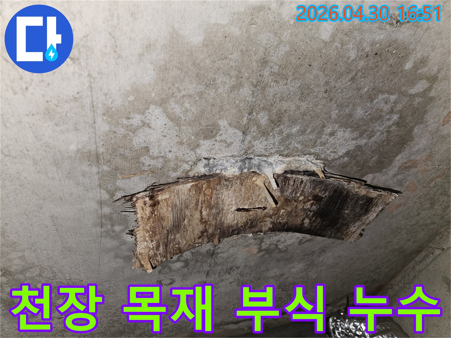 천장-내부-목재가-물에-젖어-심하게-부식되고-주변에-곰팡이가-생성된-누수-현장입니다.