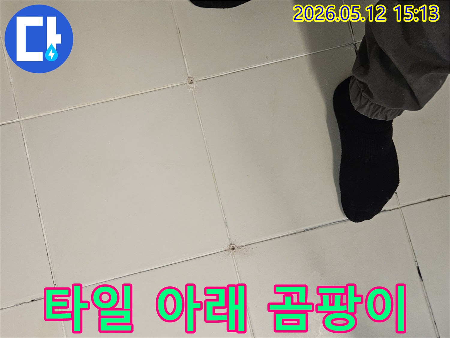 누수-전문-엔지니어가-김포-사우동-아파트-타일-바닥-아래의-곰팡이-발생-여부를-확인하는-모습