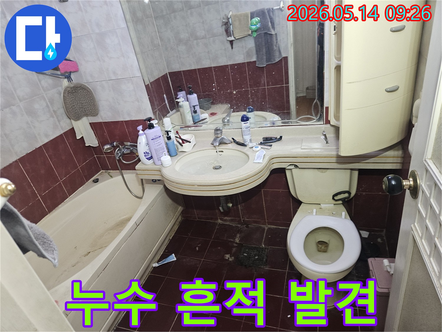 욕실 바닥 타일과-변기 주변에서-누수 흔적이-명확하게-발견되었습니다.