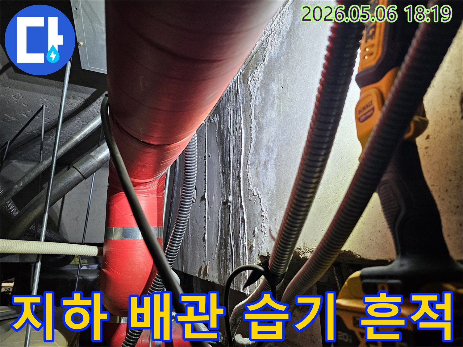 어두운 지하 공간에서-빨간색 단열 배관과-주변 벽면에-나타난-습기와-누수 흔적을-면밀히-살펴보는-모습