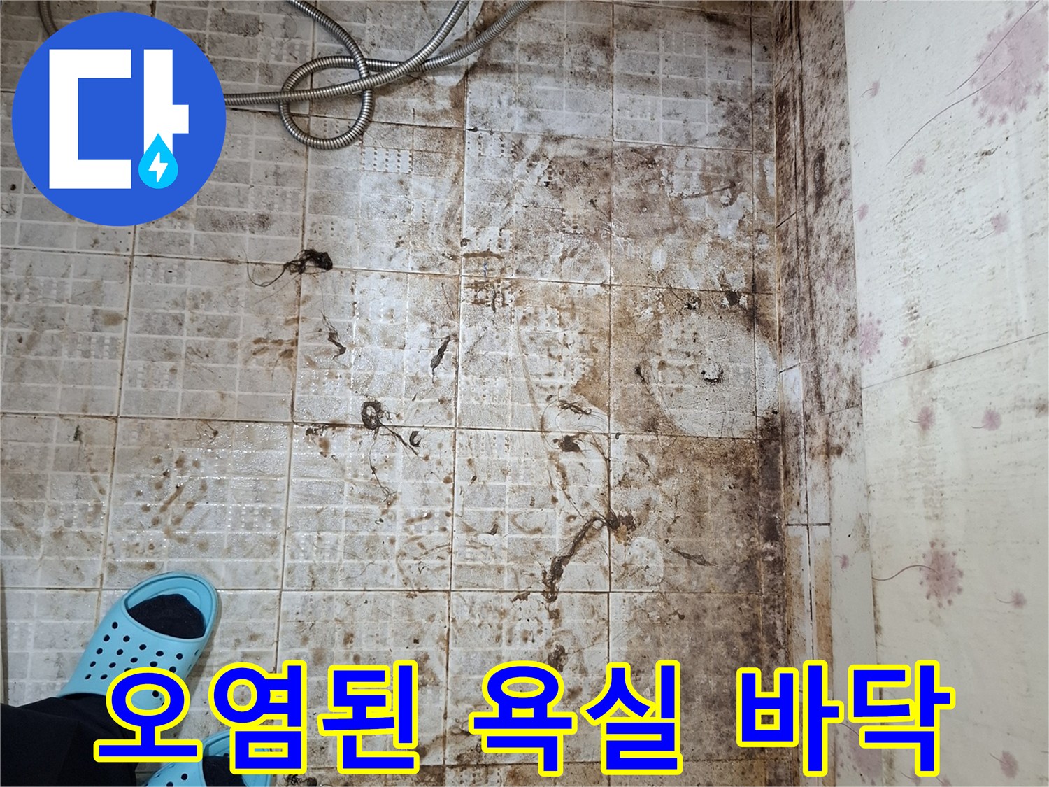 곰팡이와 물때로 오염된 욕실 타일 바닥면 모습