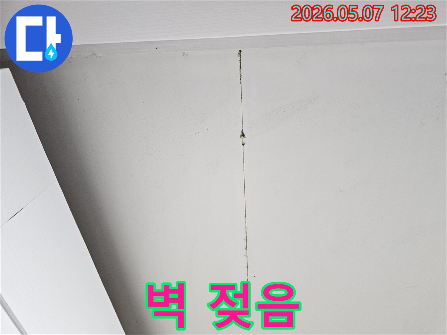 벽면에-발생한-녹색-곰팡이와-물자국은-누수가-진행되고-있음을-시사합니다.