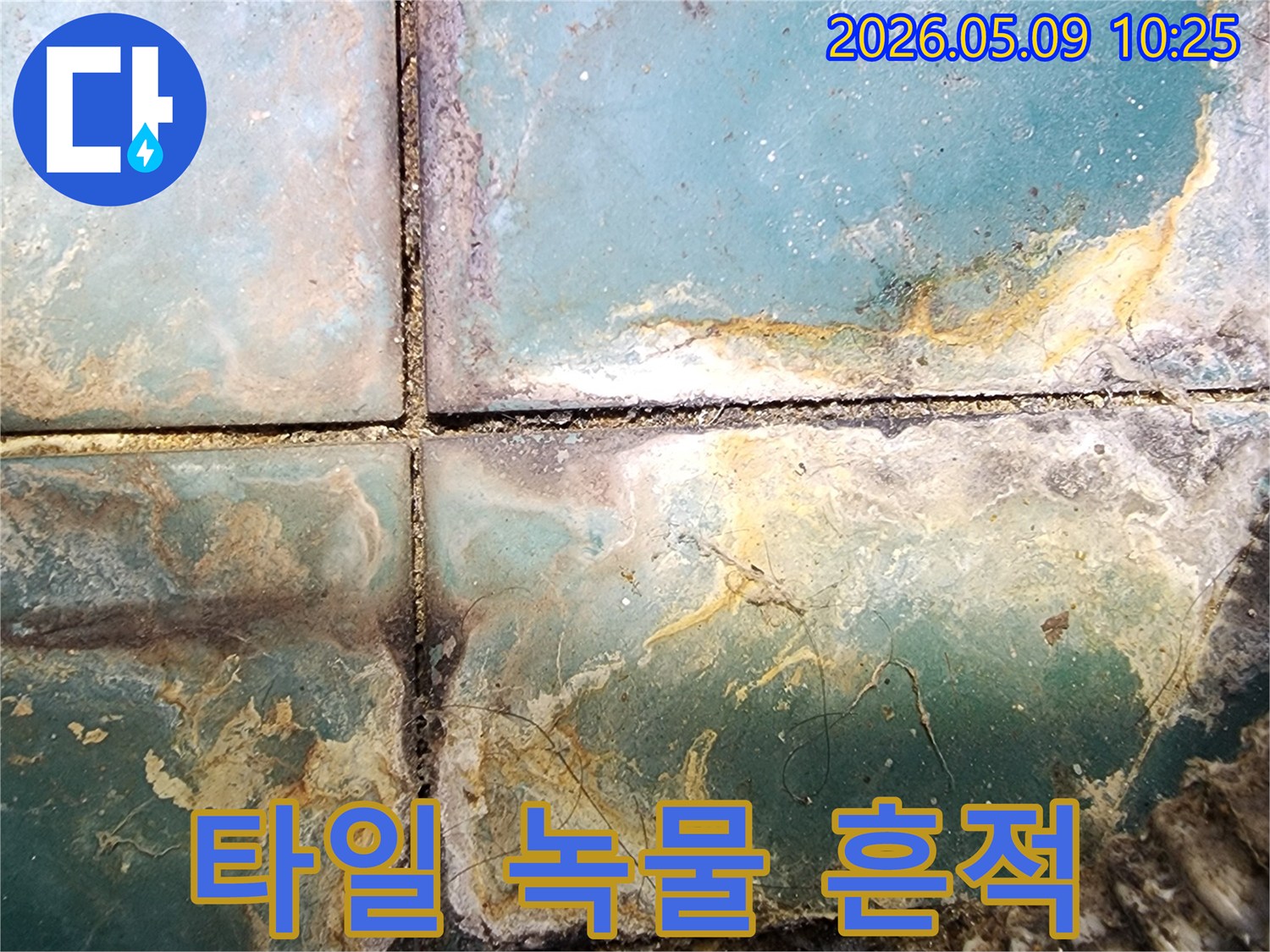 타일 틈새로 스며든 물로 인해 발생한 심각한 녹물 흔적과 오염-누수로 인한 배관 부식 우려