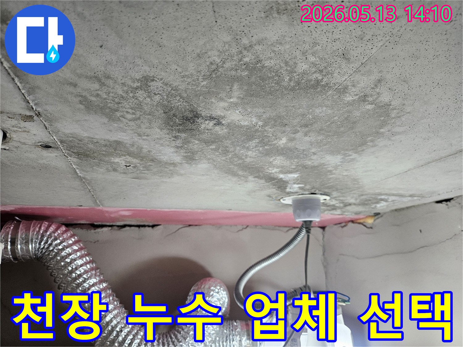 누수로 인해 천장 콘크리트에-발생한 곰팡이와 물얼룩을-보여주는 현장 사진이며-누수 전문 업체 선택이 중요합니다