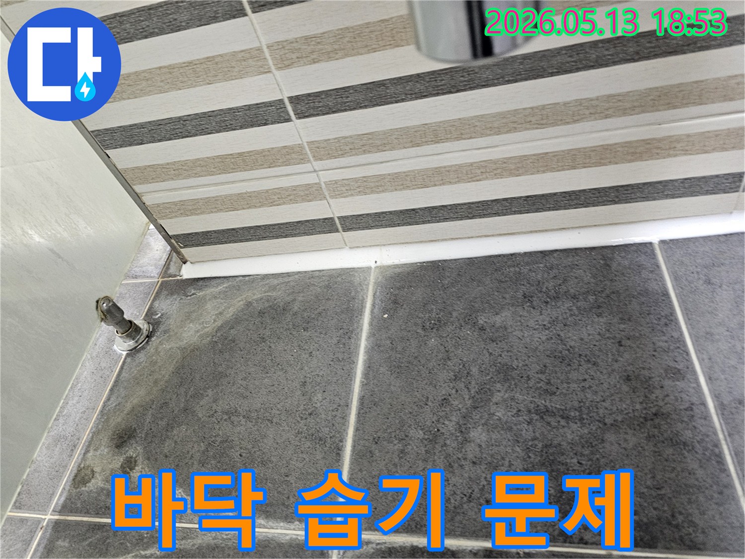 욕실 바닥 타일 표면에 지속적인 습기로 인한-얼룩이 관찰되어 누수가 의심됩니다.