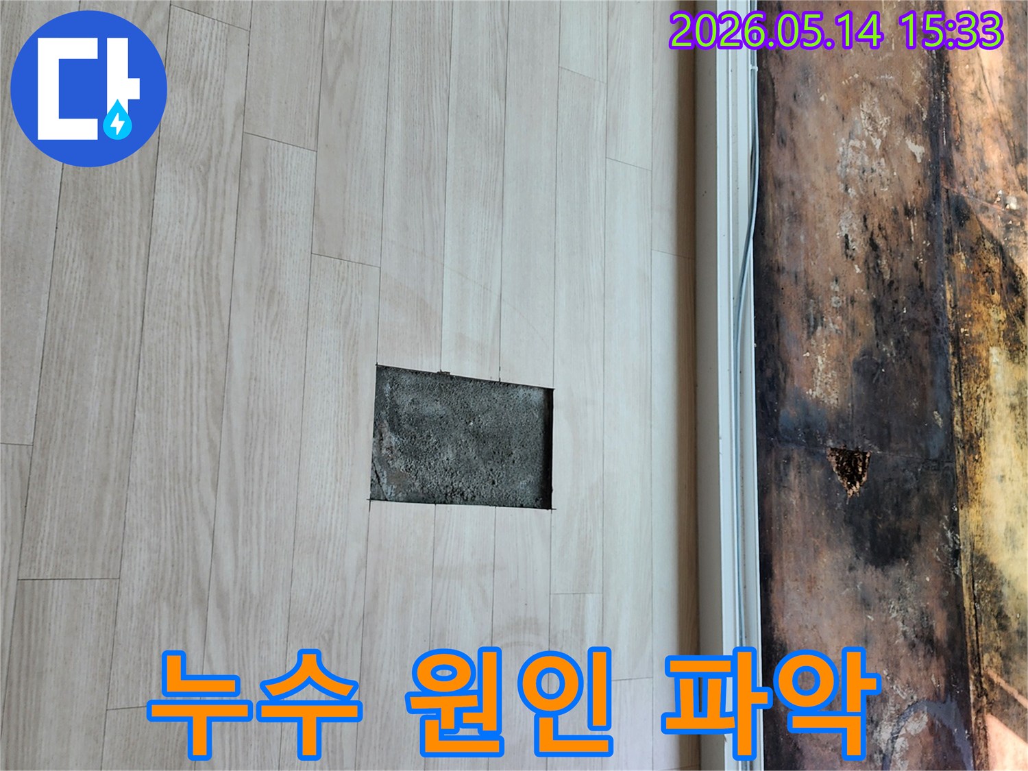 누수 원인 파악을-위해-마루를 절개하고-아래 배관을-점검하는-전문가의 작업 현장