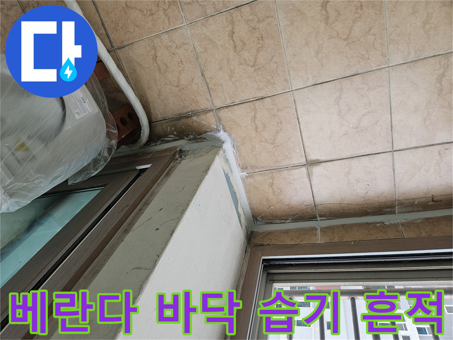 타일 경계면의 오염 및 수분 침투가 의심되는 현장 사진