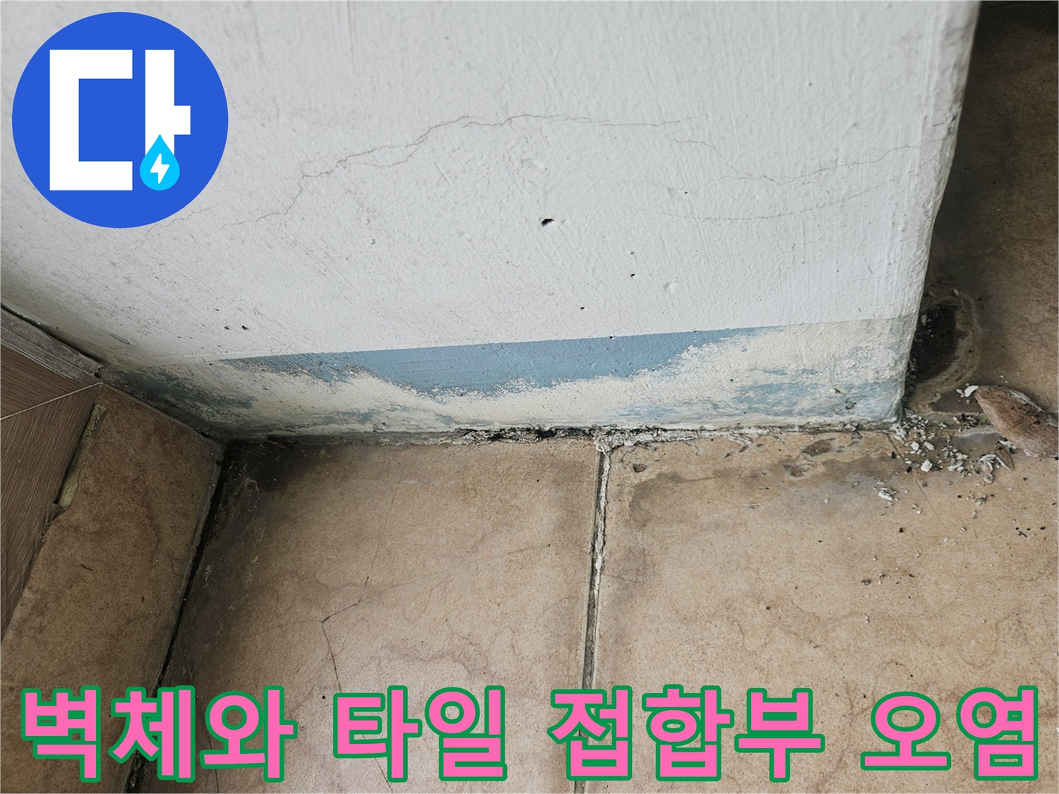 타일과 벽면 경계에 나타난 젖은 얼룩 및 오염