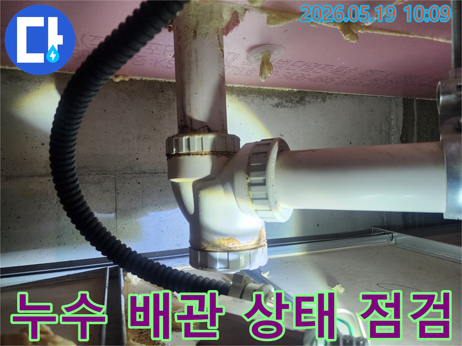 누수 엔지니어가 배관의 연결 상태와 부식 정도를 면밀히 검토하여-누수의 근본적인 원인을 파악하고 있습니다