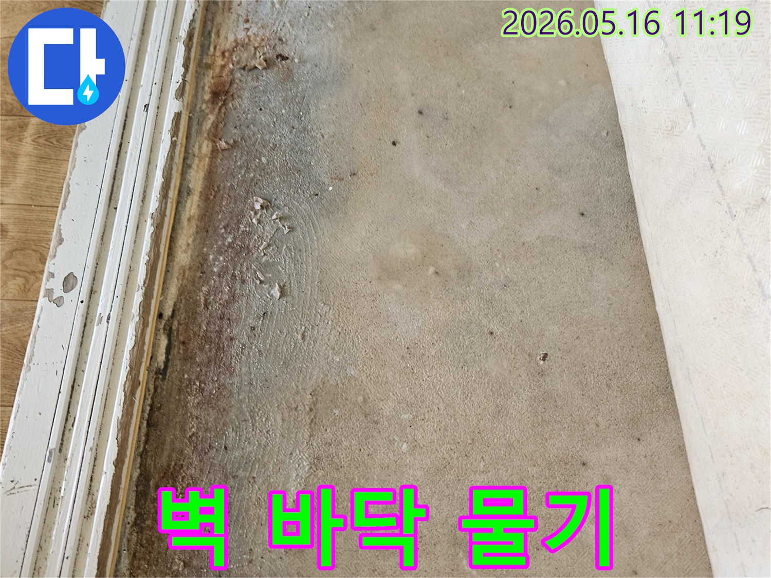 벽면-하단부와-바닥-경계면에서-발견된-누수로-인한-물기-자국