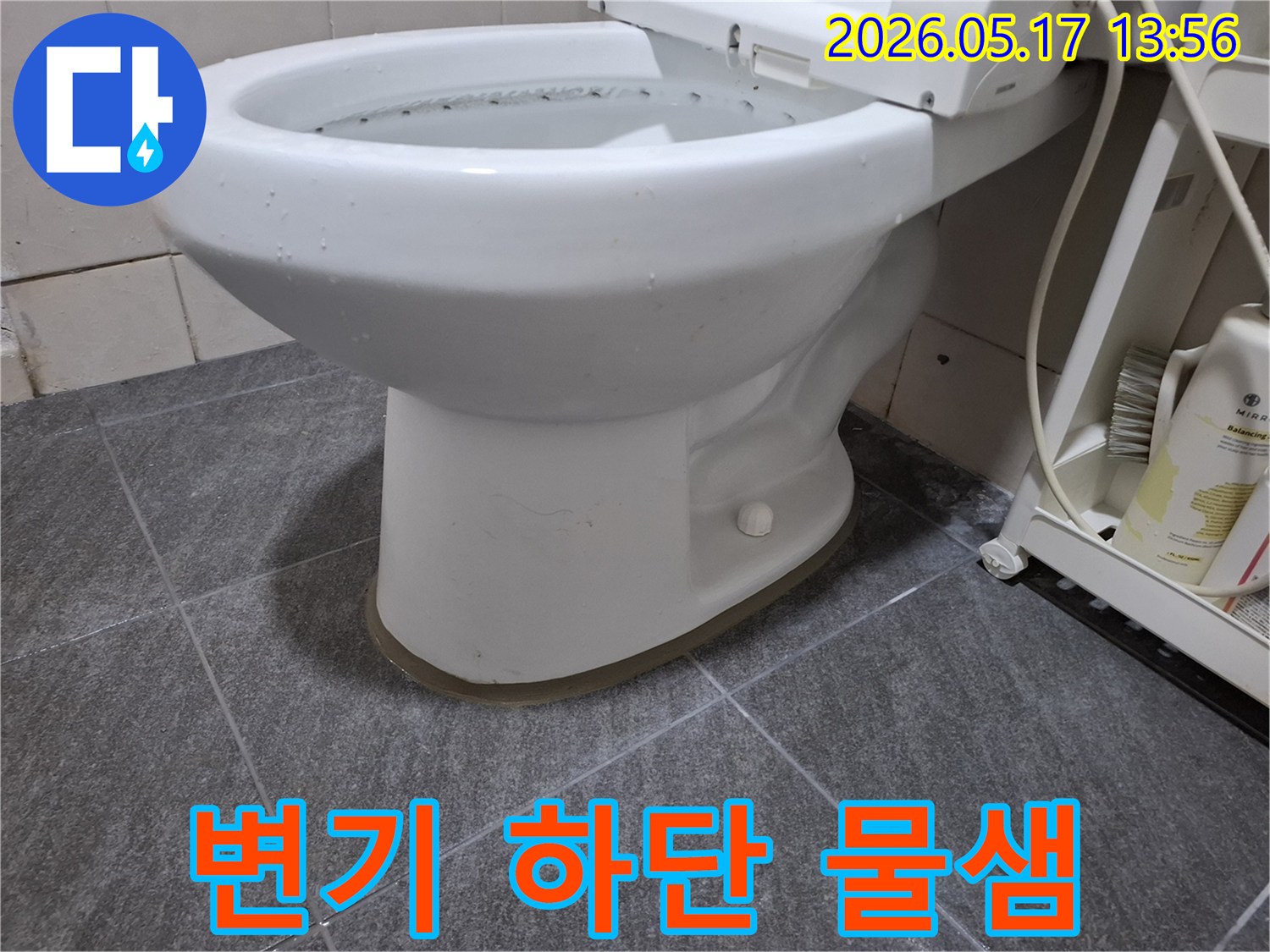 변기 하단에서 물이 새어 나와-바닥 타일에 고여있는-누수 현장을 담은 사진