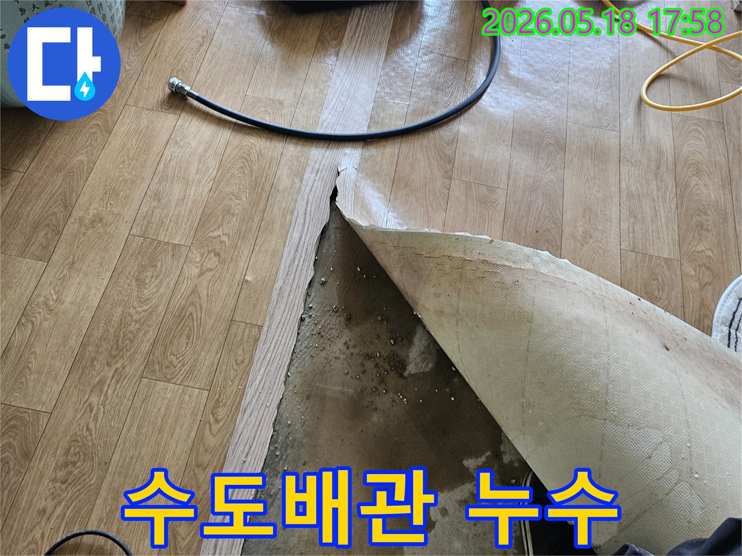 수도배관 누수로 인해-바닥 장판 아래-물이 스며들어-젖어있는 현장 모습