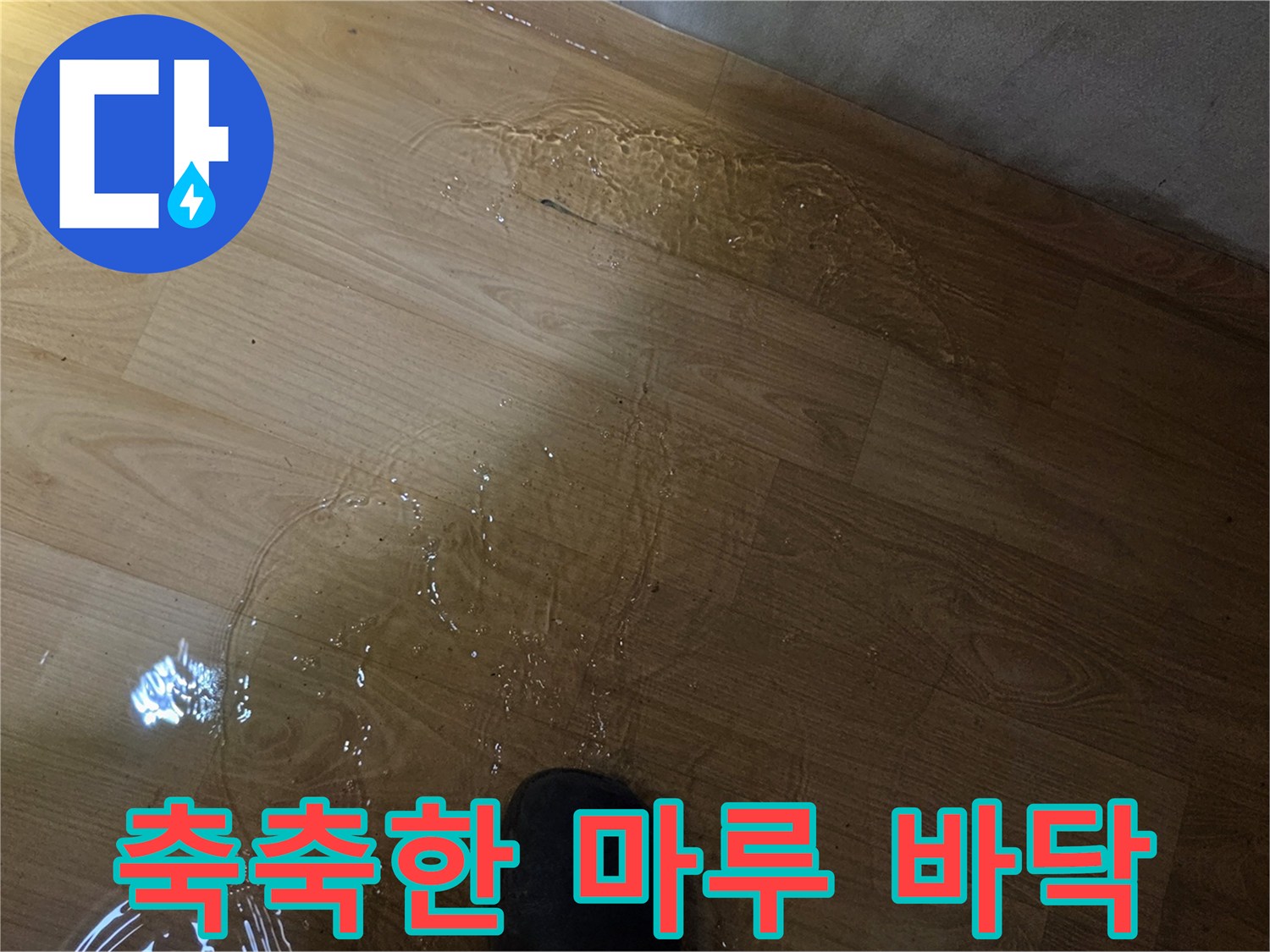 물이 고여서 축축하게 젖어있는-거실 나무 바닥