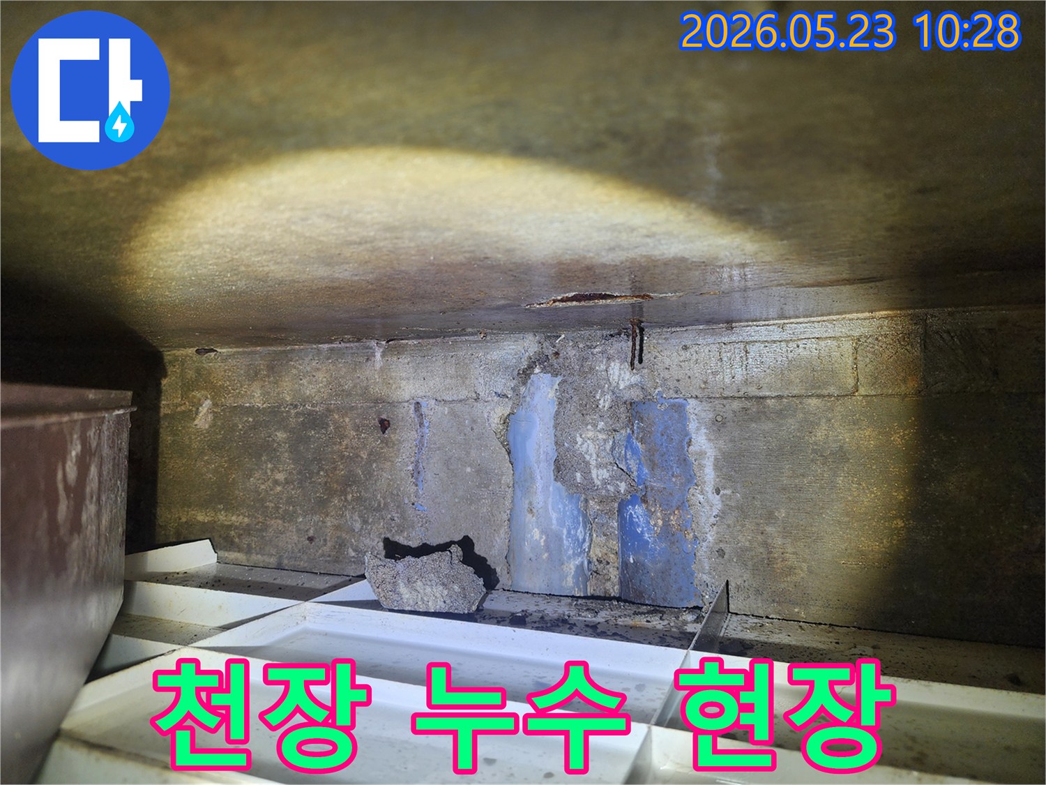 어두운-지하-공간의-천장-콘크리트-균열에서-물이-새는-누수-현장을-조사하는-모습