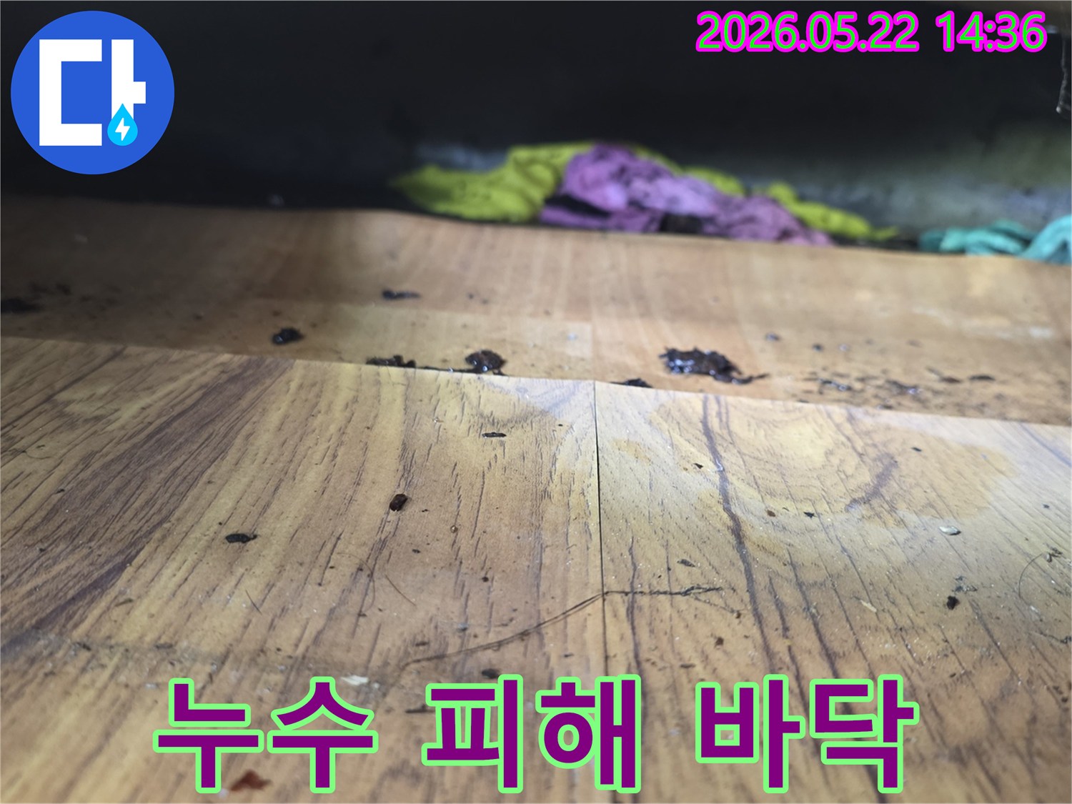 물기가 스며들어-마루 바닥이 어둡게 변한 상태입니다
