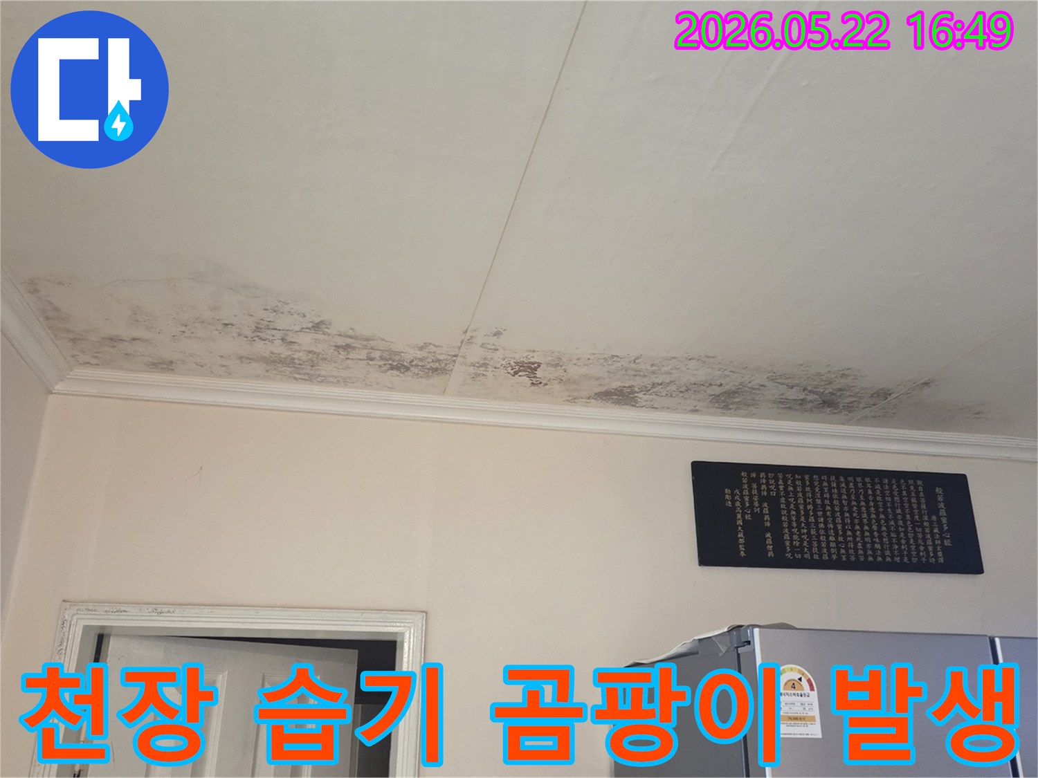 윗집에서 발생한 누수로-인해 아래층 천장에-생긴-곰팡이와-물얼룩을 포착한 이미지입니다